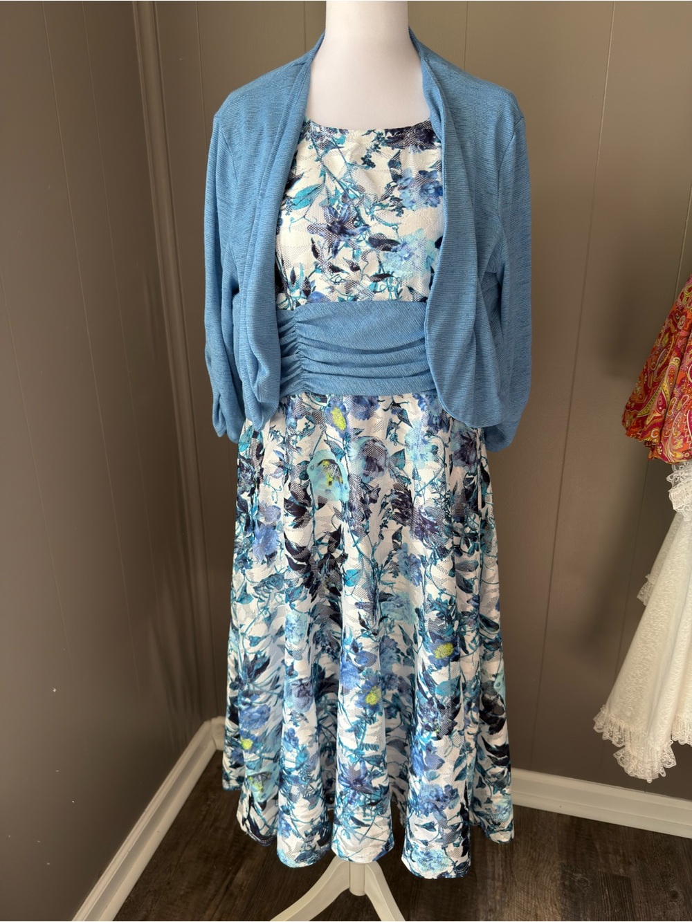 Perceptions Blue Floral Sleeveless Dress with Cardigan